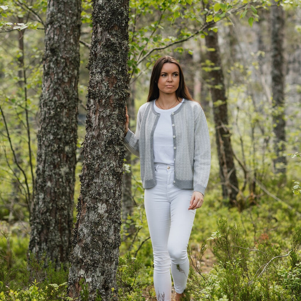 SNØROSE ULLJAKKE ,TYNN KVALITET, GRÅ/ NATURHVIT
